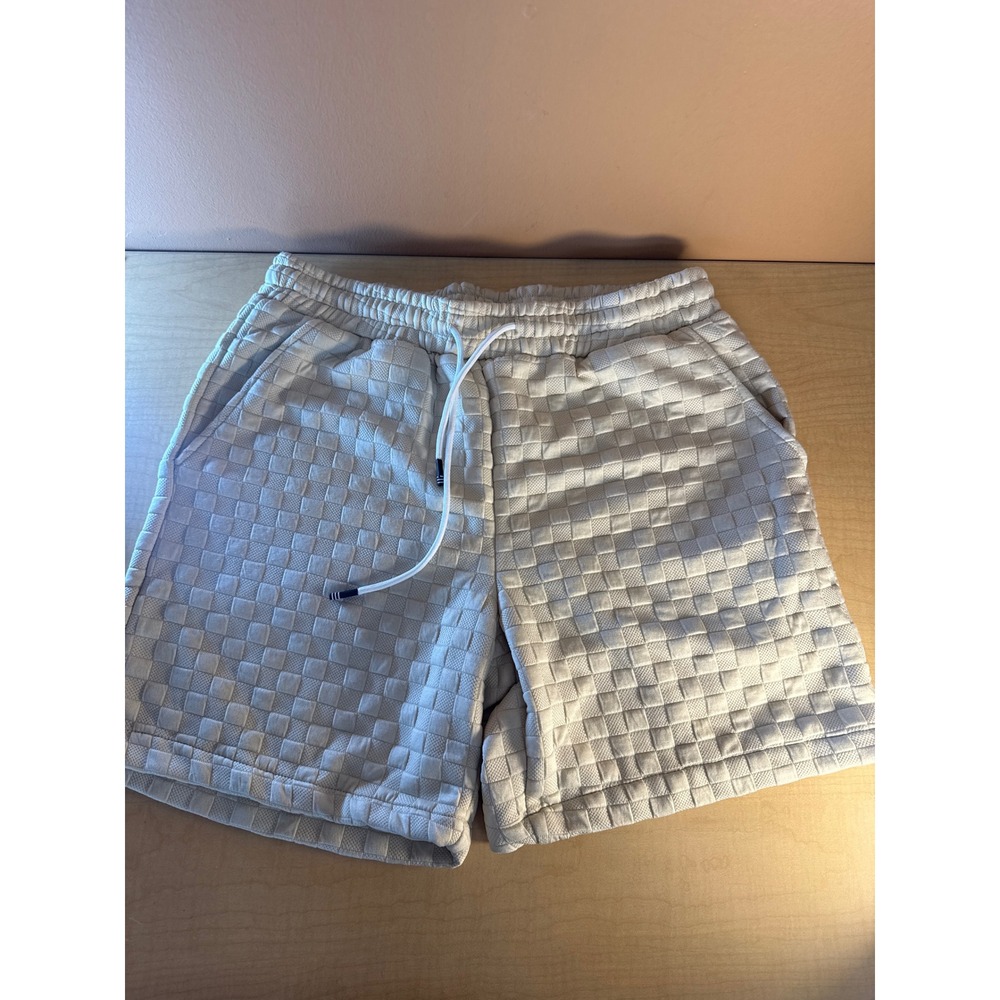 Manfinity Mens Cream Waffle Knit Checkerboard Textured Drawstring Shorts Large
